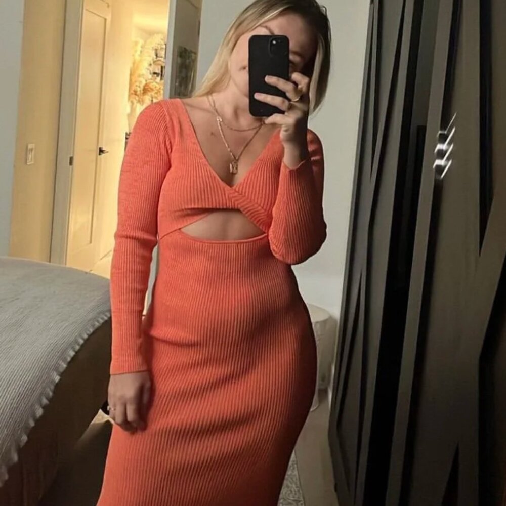 NWT MINKPINK Orange Reversible Twist Back Knit Midi Dress XSMALL